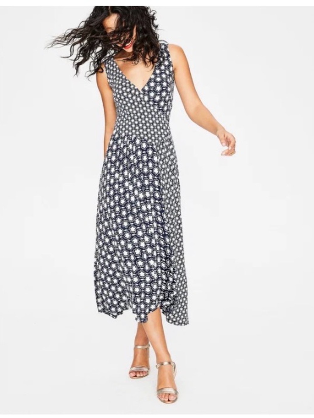 BODEN Jennifer Jersey Floral Sleeveless V-Neck Midi Faux Wrap Dress Size 10R